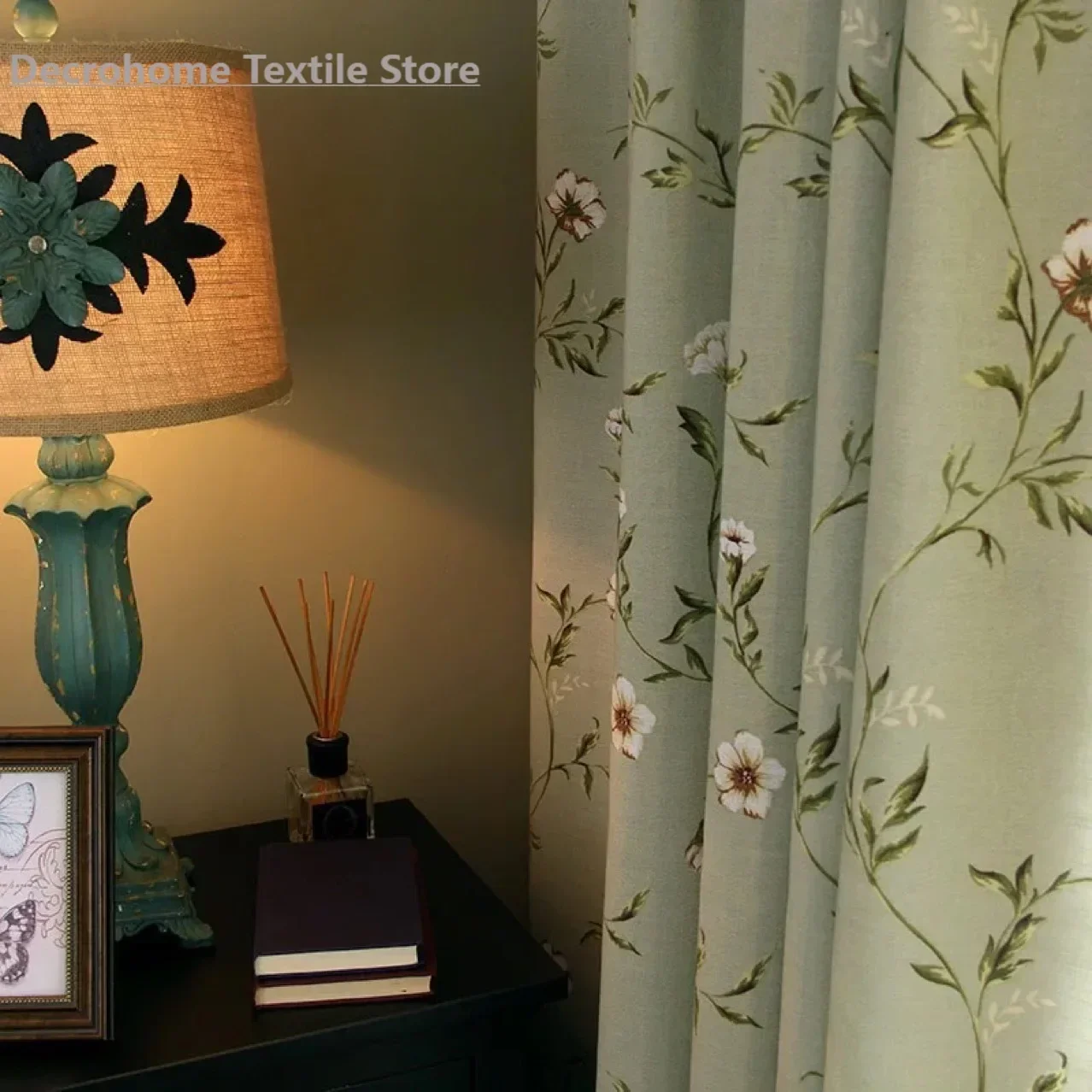 Cortinas de algodón y lino con estampado de flores y pájaros verdes para sala de estar, dormitorio, comedor, partición, balcón, personalización