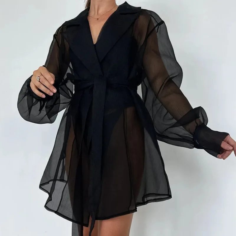 

2025 Spring Summer New Black Mesh Cardigan Tie Up Sleeping Robe Sexy Perspective Long Sleeve Short Women's Home Clothing