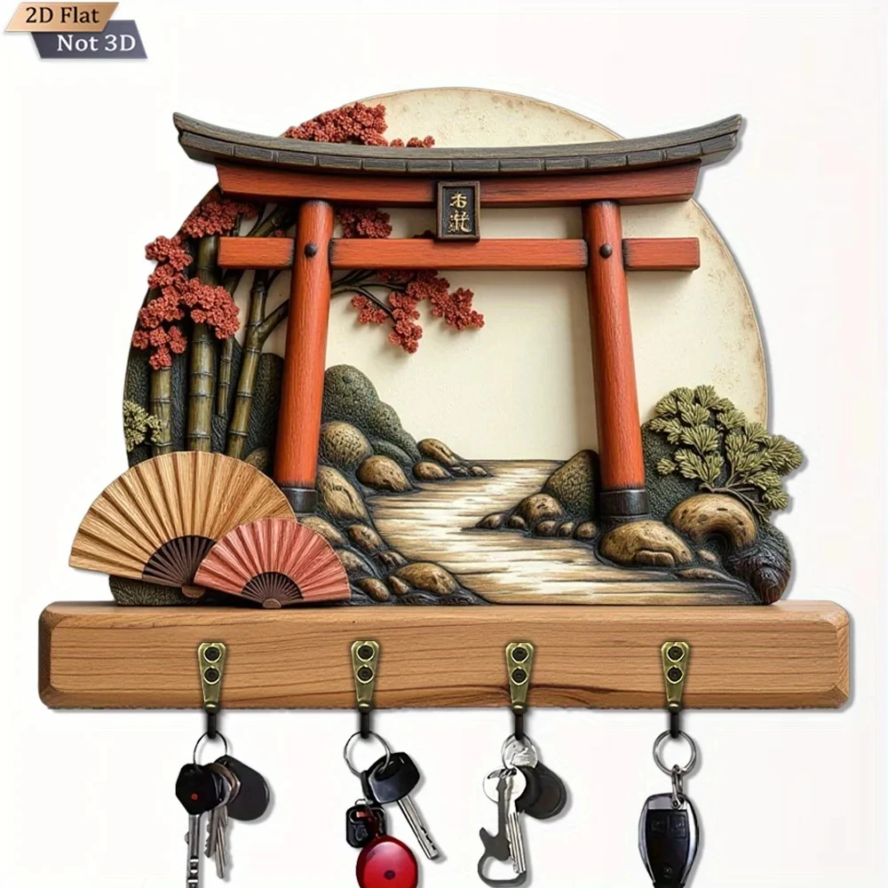 2D Flat, 1pc, Japanese Style Torii Landscape Wooden Multifunctional Home Key Hook & Rack, with Four Metal Hooks, Wall Decor,