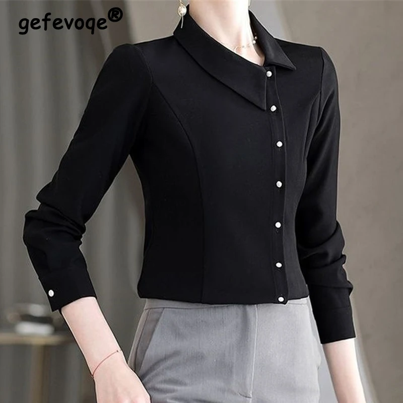 Elegant Chic Office Lady Asymmetrical Slim Button Female Shirts Spring Autumn Fashion Solid Long Sleeve Tops Blouses for Women