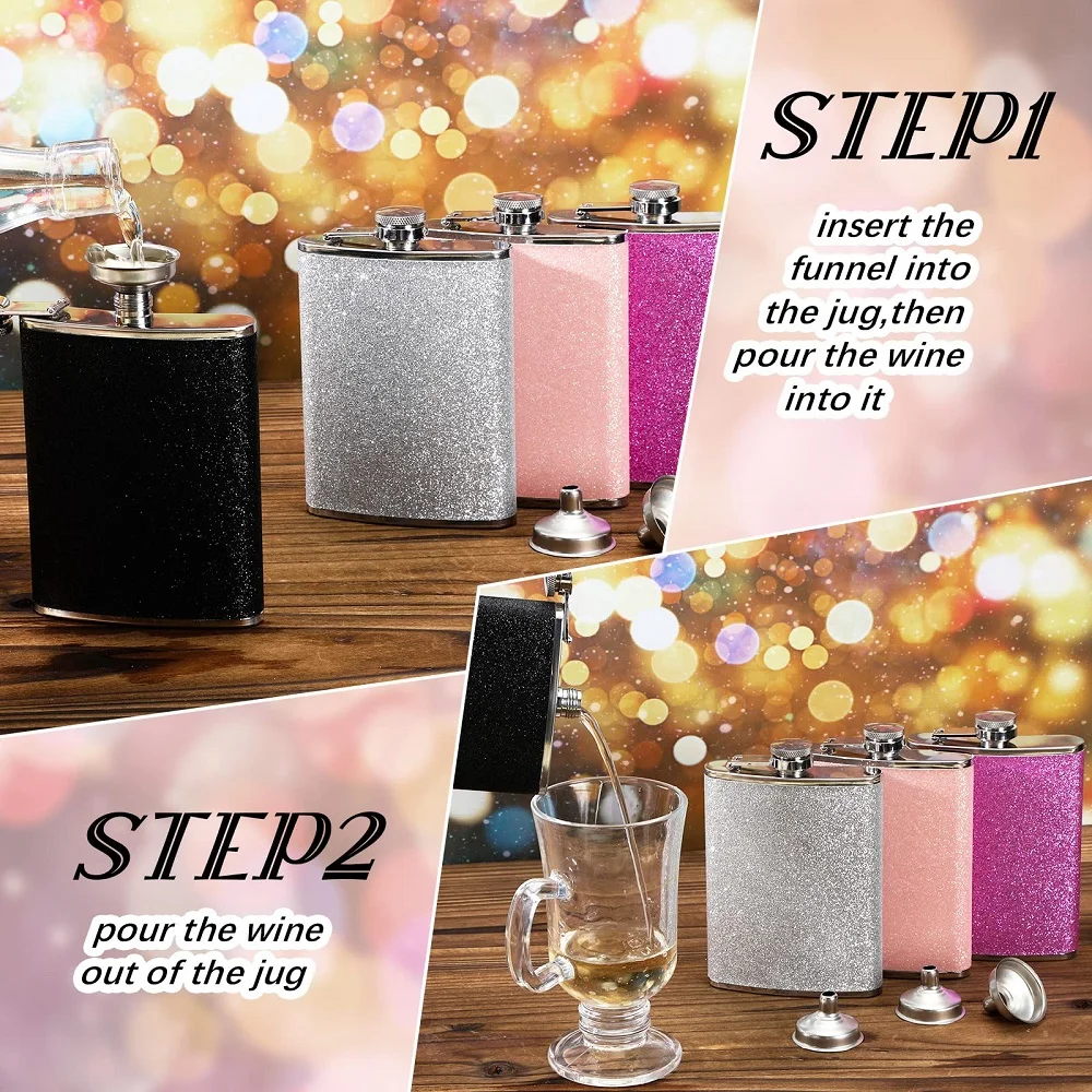 6/7/8 Oz Hip Flask for Liquor Stainless Steel Leak Proof Leakproof Flask Set Drinking Whiskey Women Glitter Travel Flask