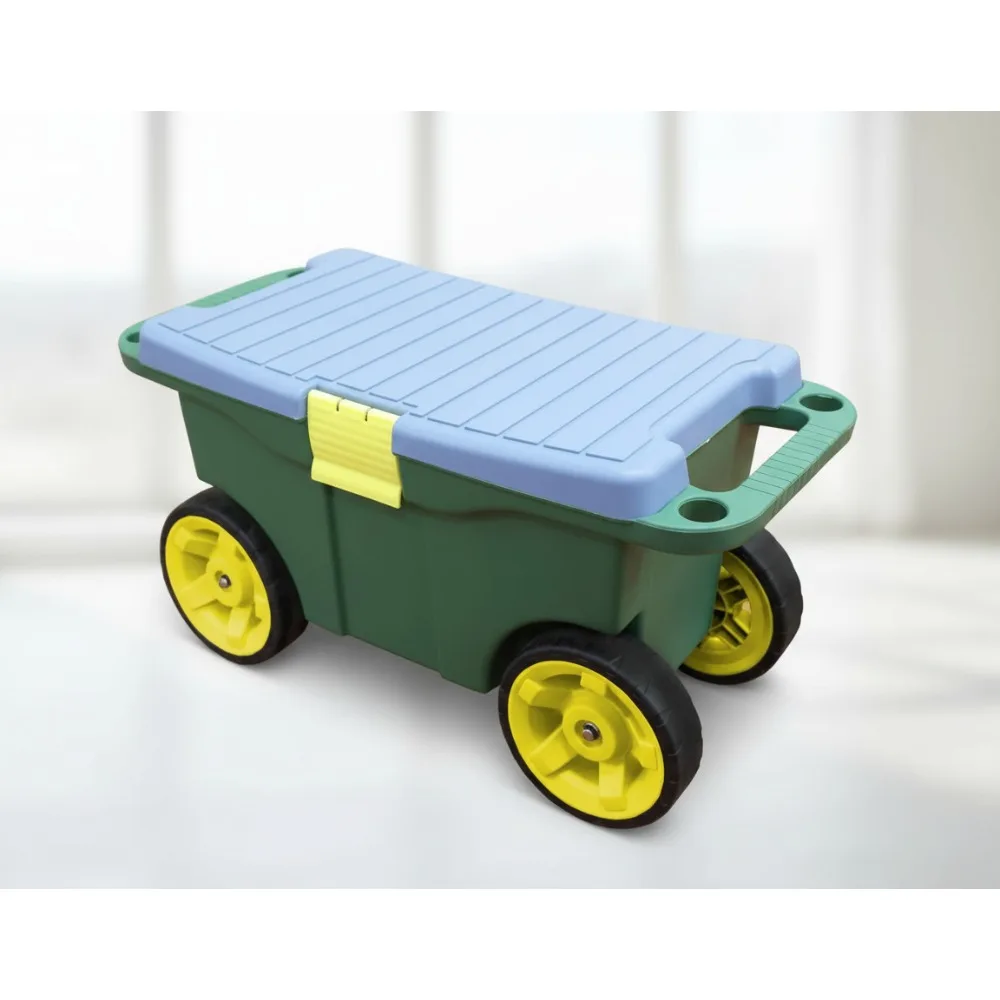 

Garden Cart Scooter with Bench Seat & Tool Tray - Rolling Storage for Weeding Planting Gardening - Green Blue Black