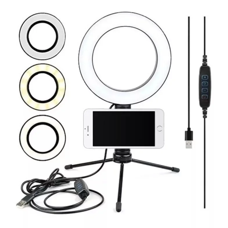 Ring Light Led Mesa Iluminador Pequena Tripé 6 Polegada 16cm com Suporte de Celular