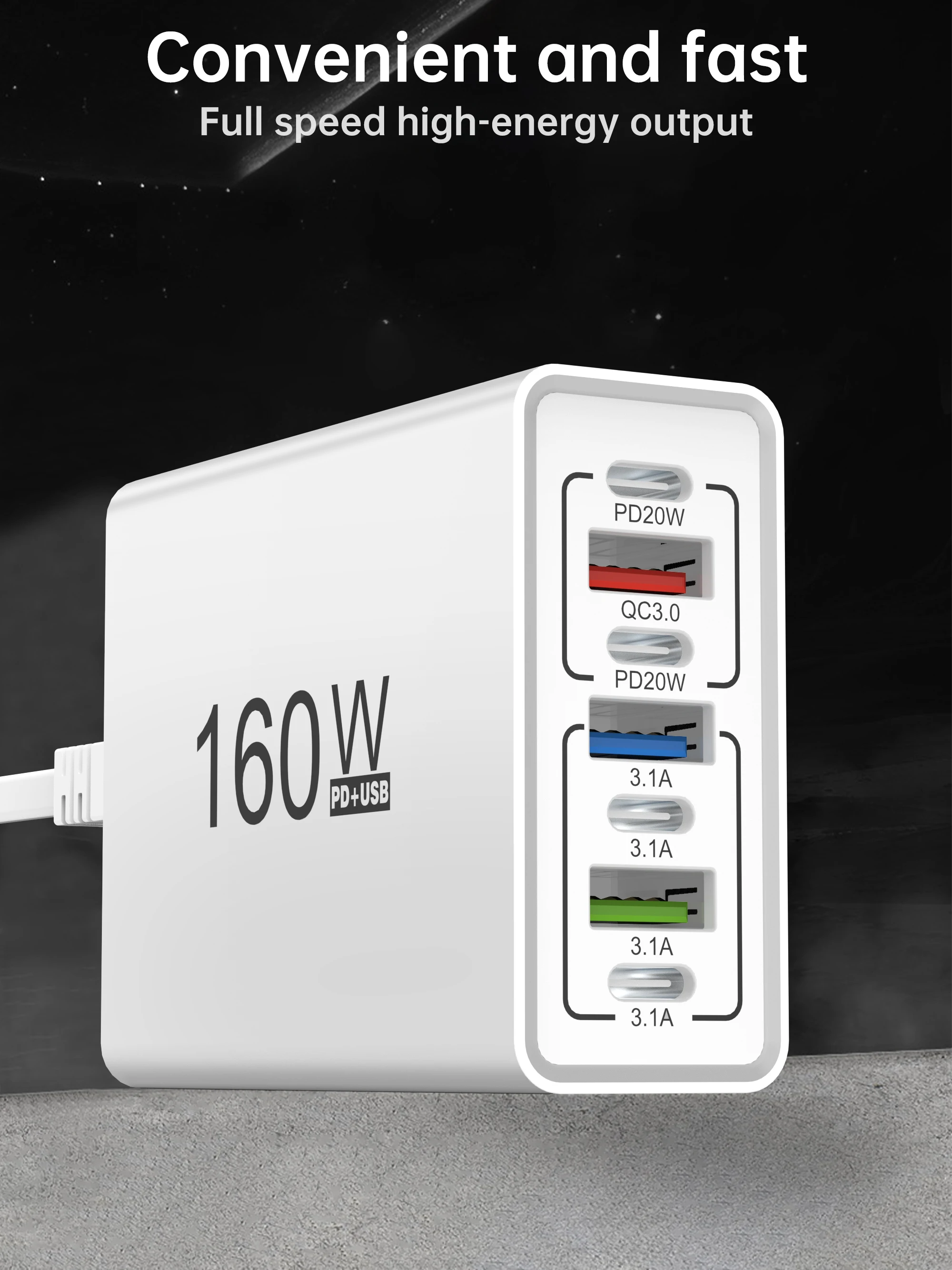 160W USB Multi-Port-Ladegerät Typ C Schnellladegerät mit Mehrfachsteckdose für iPhone Samsung Xiaomi Huawei Honor Handy-Adapter – Detail 6