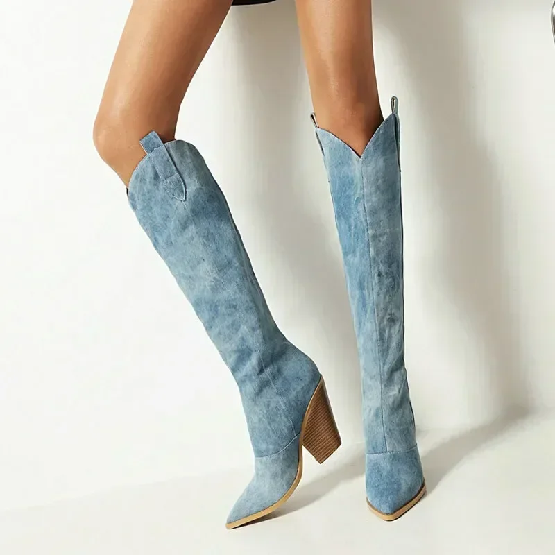 Denim Western Vrouwen Knie Dij Hoge Laarzen Nieuwe 2024 Herfst Winter Hoge Hak Cowboy Lange Laarzen Maat 43 Slip Op Damesschoenen