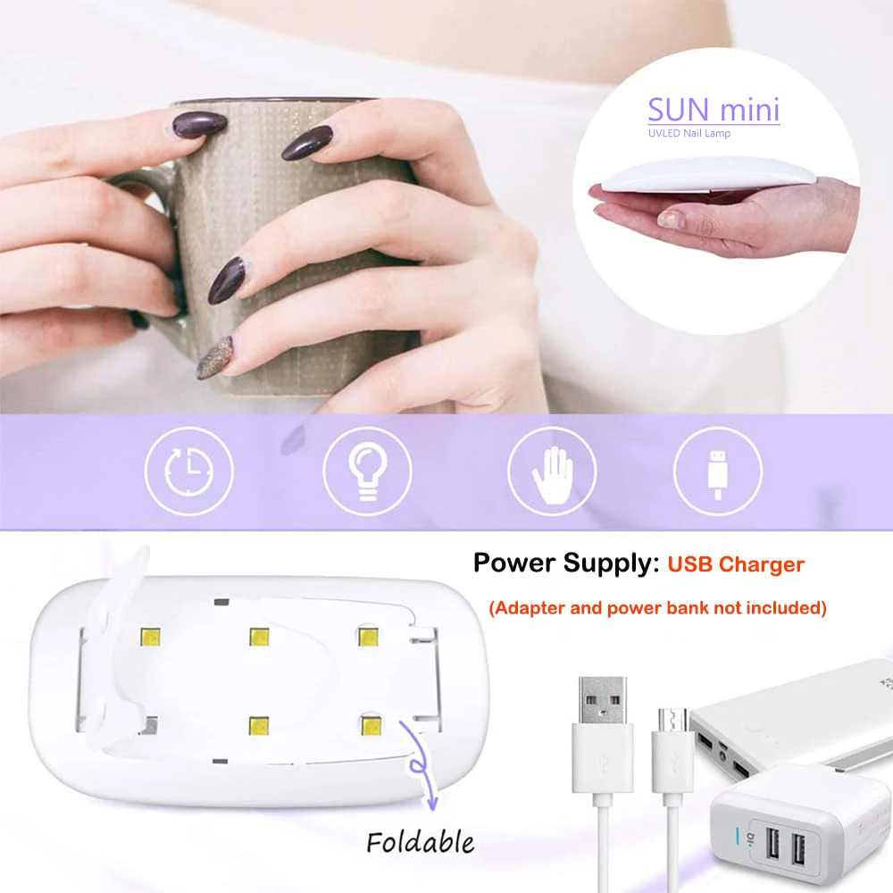مصباح صغير محمول / أظافر لطلاء الجل - يعمل بمنفذ USB / مصباح مع كشف تلقائي يشبه الذكية، تصميم مدمج قابل للطي لسرعة