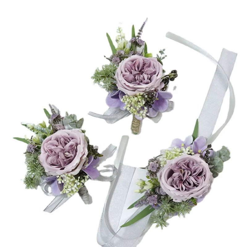 Ramillete de flores artificiales para boda, pulsera de dama de honor, rosa púrpura, accesorios para novio, Broche