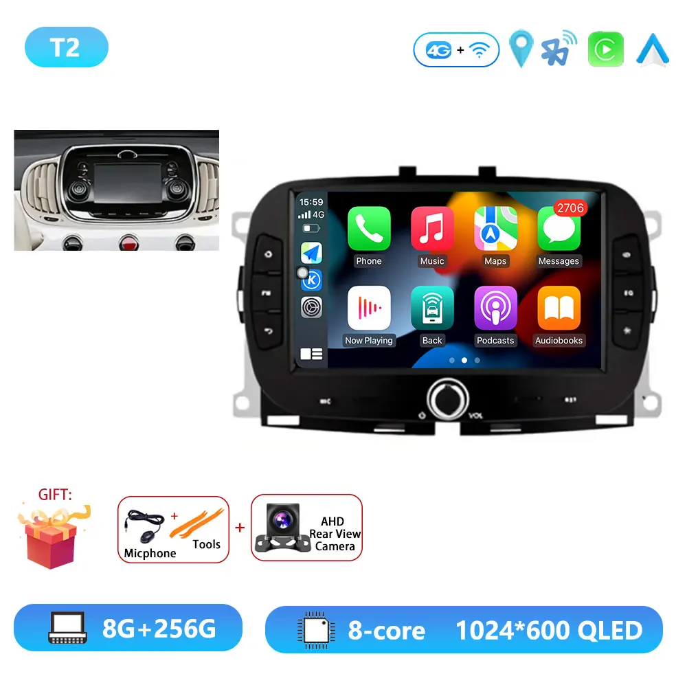 Android15 Voor Fiat 500 2016-2019 Autoradio Multimedia Speler Video Navigatie Carplay Stereo GPS WIFI DSP Carplay Android auto