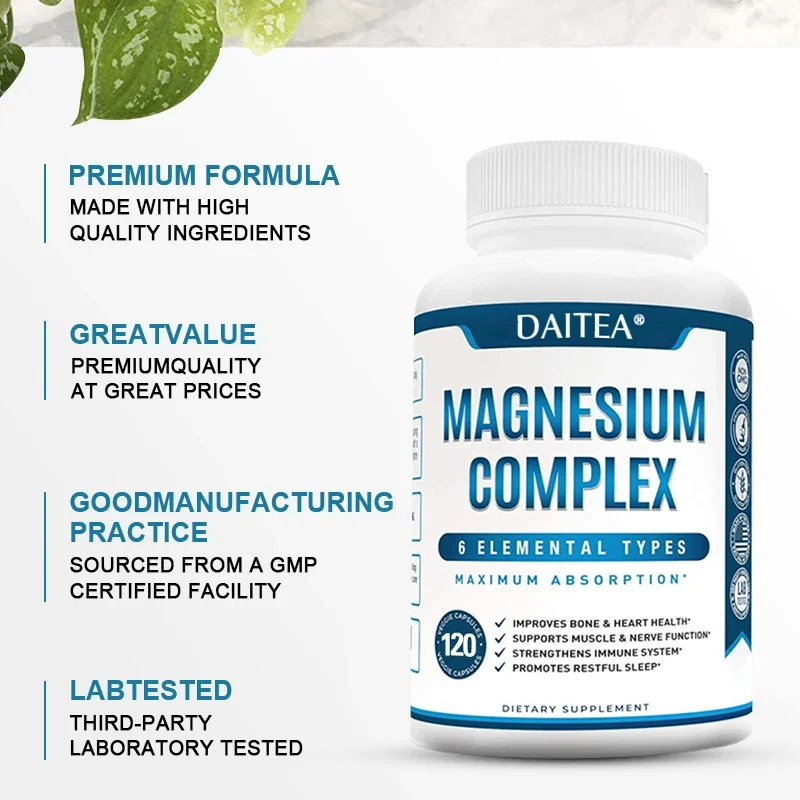 Daitea High Absorption Magnesium Complex Capsules - Dietary Supplement for Muscle, Bone, Nerve Health, Non-GMO - 120 Capsules