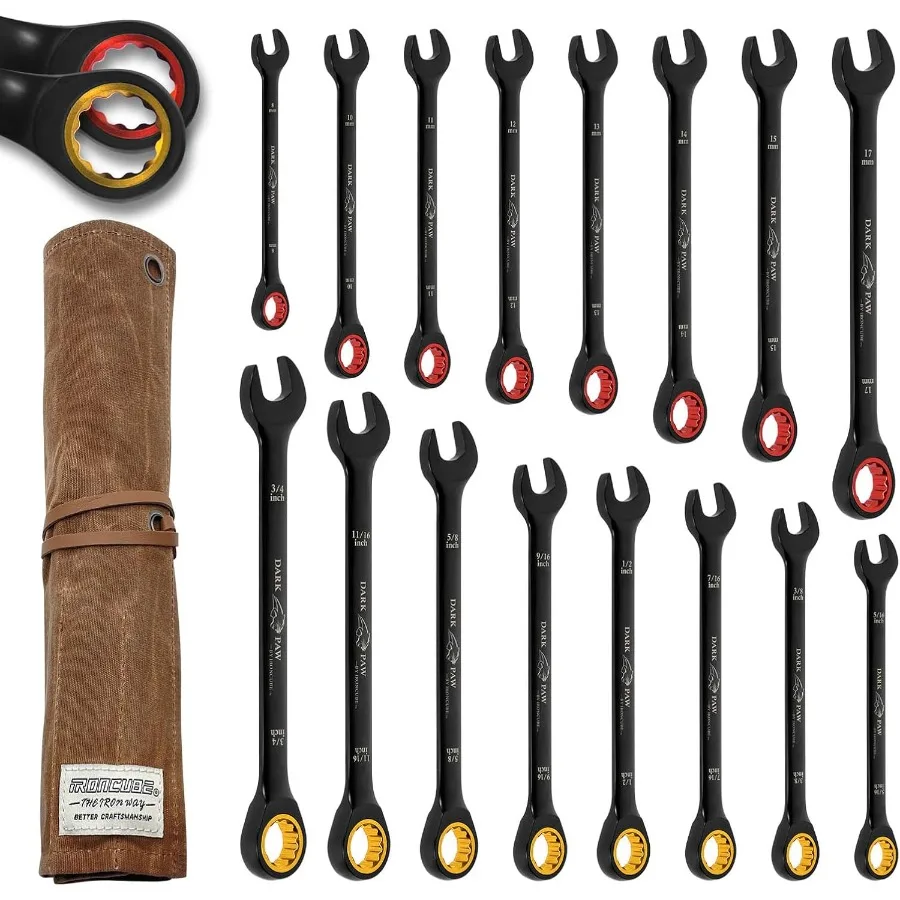 

ironcube Ratcheting Wrench Set 16 Piece - Metric and Standard - Black Combination Ratchet Wrenches with Wax Canvas Bag - LIFETI