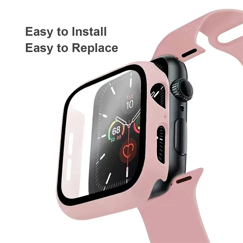 Caixa de vidro e pulseira para Apple Watch, pulseira de silicone, pulseira esportiva, iWatch Series 9, 8, 7, SE, 6, 5, 4, 3, 44mm, 40mm, 41 milímetros, 42 milímetros, 45 milímetros