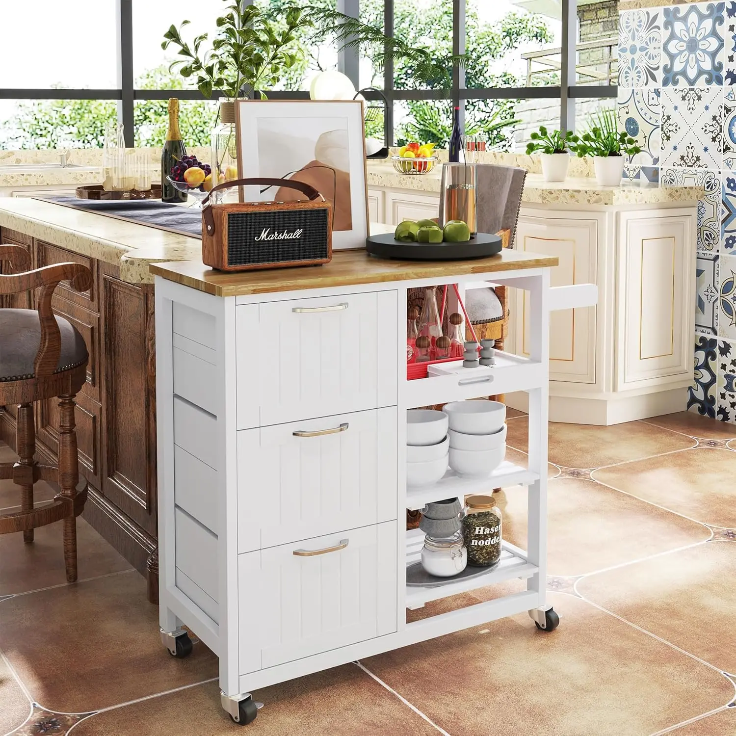 Kitchen Island Cart,Industrial Kitchen Bar&Serving Cart Rolling on Wheels Utility Storage Trolley