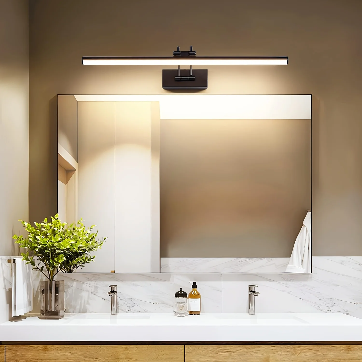 مصباح أمامي بمرآة LED بسيط مقاس 16.2 بوصة (41 سم) باللون الأسود الحديث، مصباح زينة قابل للدوران - للحمام/غرفة الدراسة