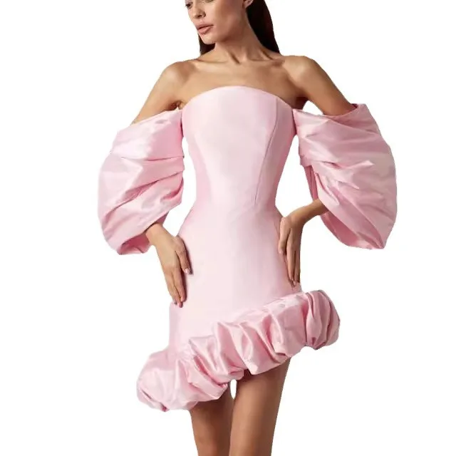 Cross-Border Pure Color ort Dr Women's Wrap Chest Waist Lantern Sve Dr Artistic Sle Polyester ort Sve Dr