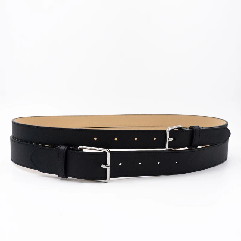 Double needle silver buckle cowhide waist seal, women's leather wide design waist belt, black 6cm width coat belt