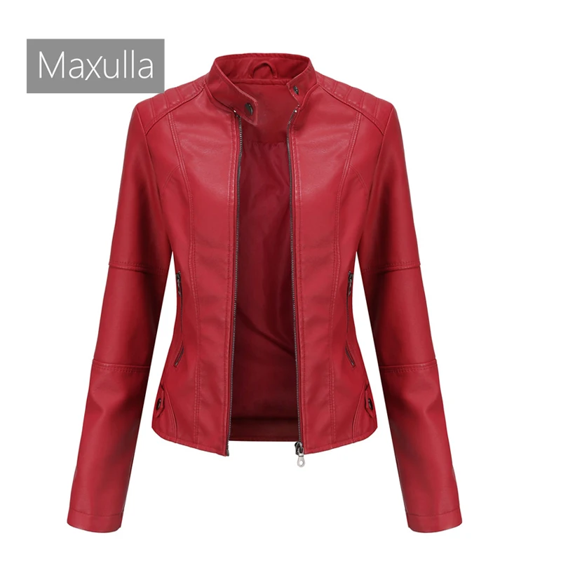 Maxulla Spring  Autumn Women\'s Leather Jacket Outdoor Leisure Windproof PU Coat Fashion Slim Motorcycle Wear Women\'s Clothing