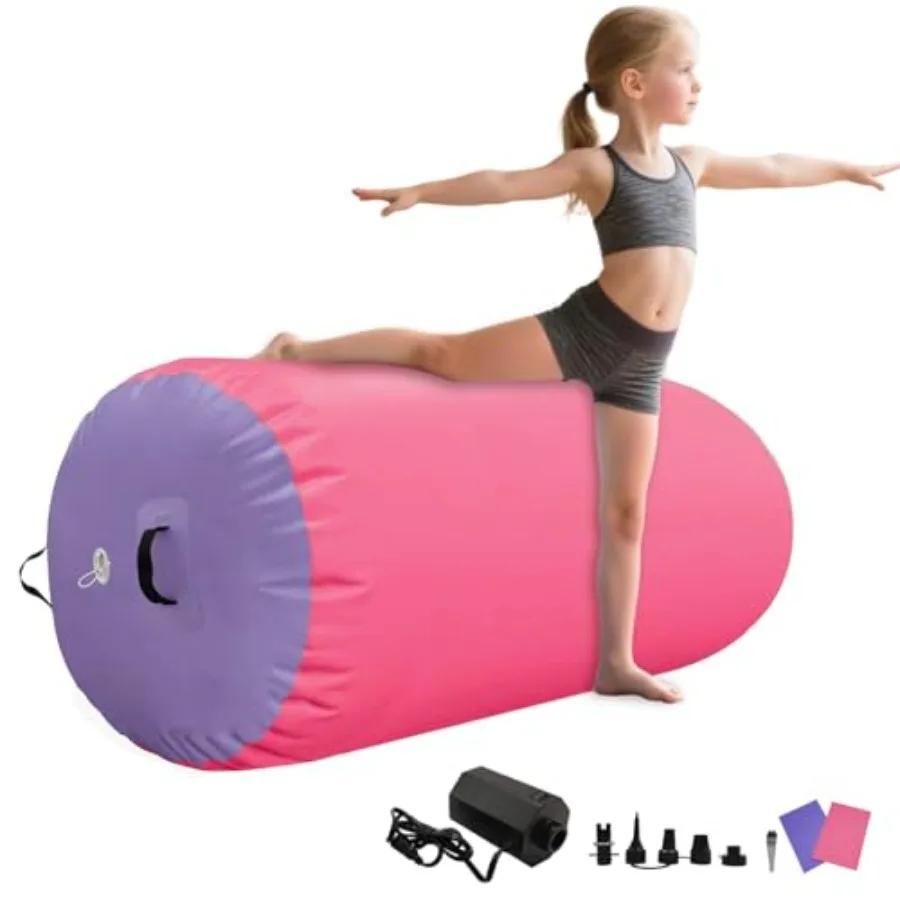 Gymnastics training: inflatable air roller barrel in blue durable PVC material includes electric pump for quick inflation and d