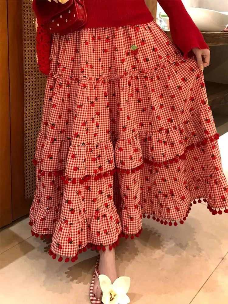 

Red Check Small Ball Lace Skirt Sweet Girl Strawberry Print Cake Maxi Skirts Korea Chic High Waist Casual Outfits Summer 2025