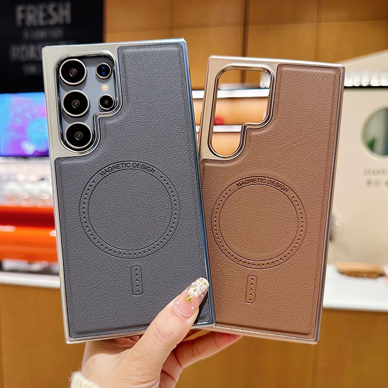 

For Magsafe Magnetic Wireless Charging Luxury Solid Color Leather Bumper Phone Case For Samsung S25 Ultra S23 S22 S24 Ultra Plus