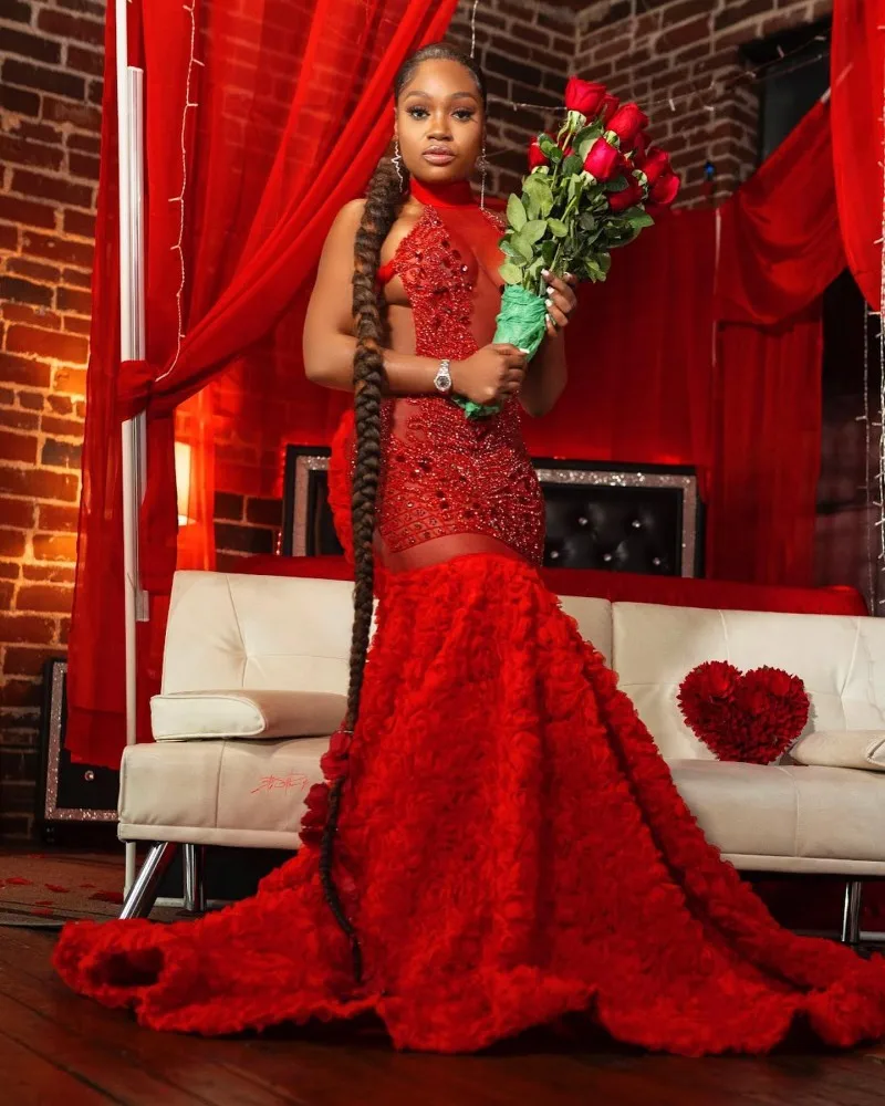 Maxi Red Prom Dress For Black Girl Luxury African Women Pageant Gowns High Neck Backless Beading Vestido De Graduación