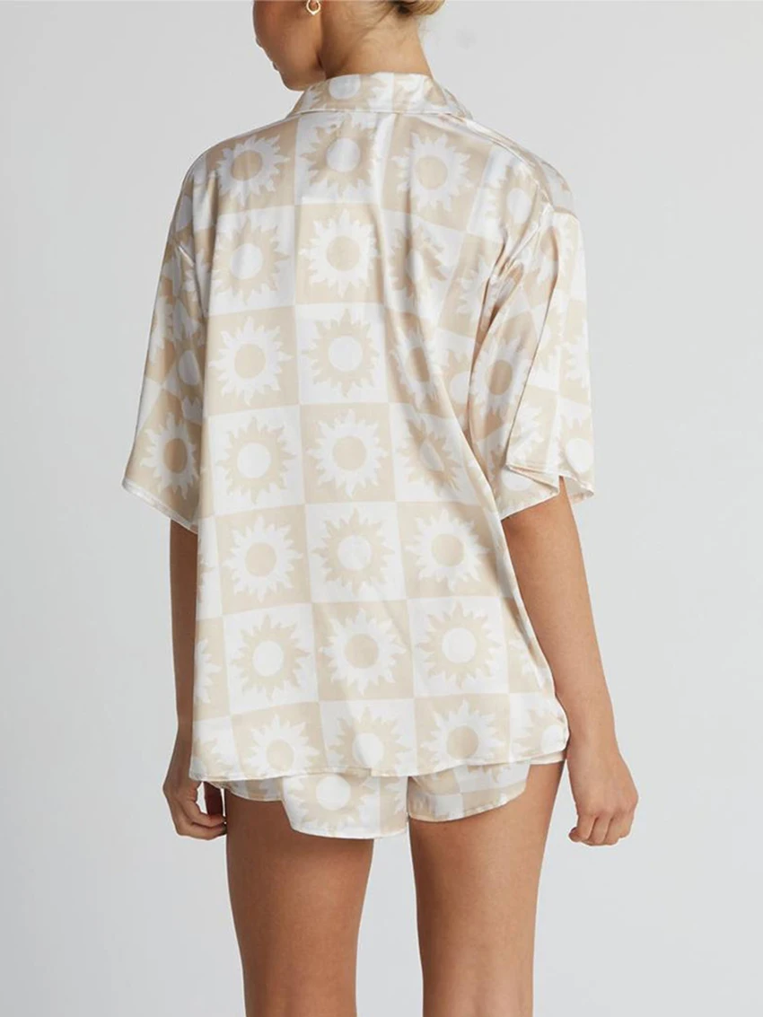 Marthaqiqi Casual Printing Ladies Nightwear Set Turn-Down Collar Nightie Long Sleeve Sleepwear Shorts Loose Pajamas 2 Piece Suit