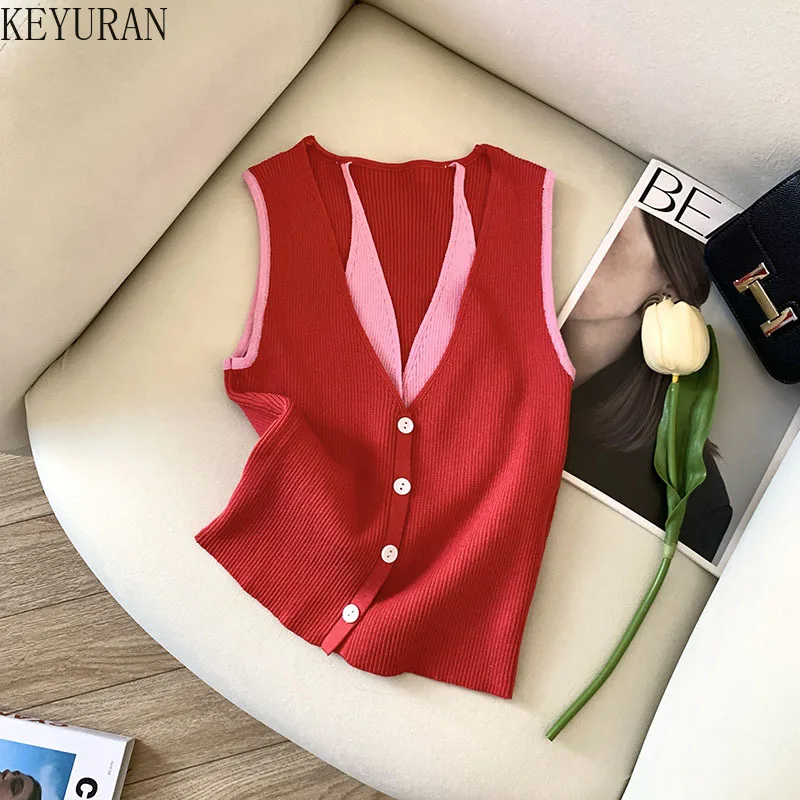 

2025 Summer V-neck Fake Two Pieces Sleeveless Knit Vest Women Stylish Chic Pullover Knitwear Tanks Crop Tops Ladies Tees Camis