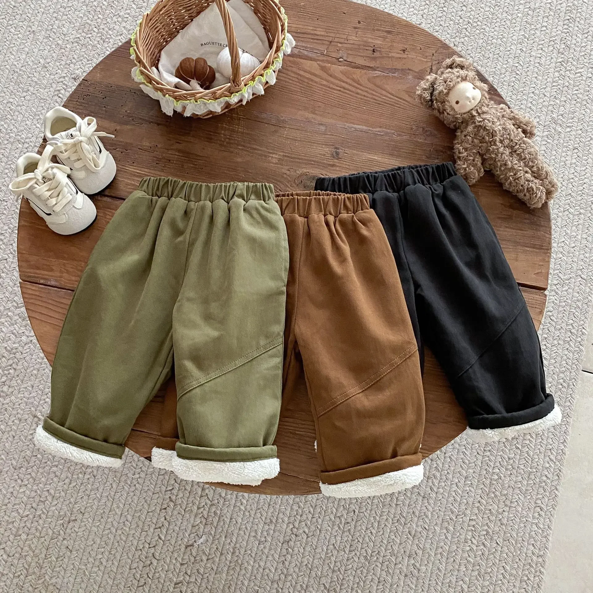 

Winter Children Clothing Toddler Boys Pants Korean Style Solid Color Fleece Lined Warm Thickened Casual Trousers