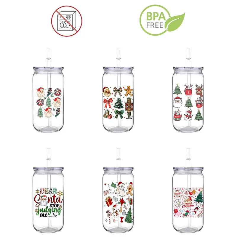 

3D Custom Printed Transfer PET Plastic Straw Cup 16 OZ Santa Claus Tree Design Patter For Comes Wuth Straw And Cup Lid DIY