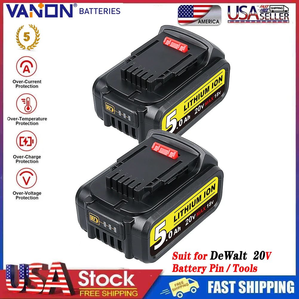 

VANON 2Pcs 18V 5.0Ah Battery DCB200 Replace for De walt 18V XR Li-ion Battery pin DCB182 DCB184-XJ DCB184 DCB181 DCB204