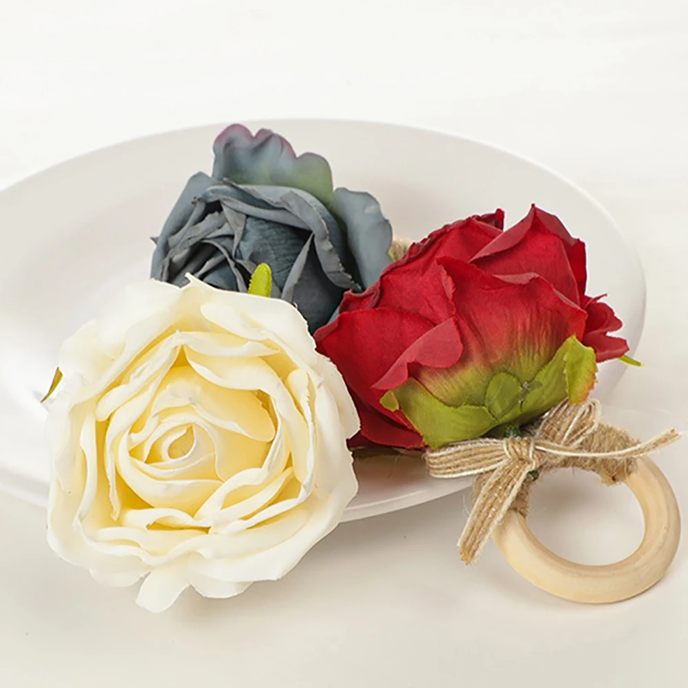 Table Decoration Wedding Napkin Buckles Holder Simulation Rose Napkin Ring Dining Holder Artificial Roses Party Supplies