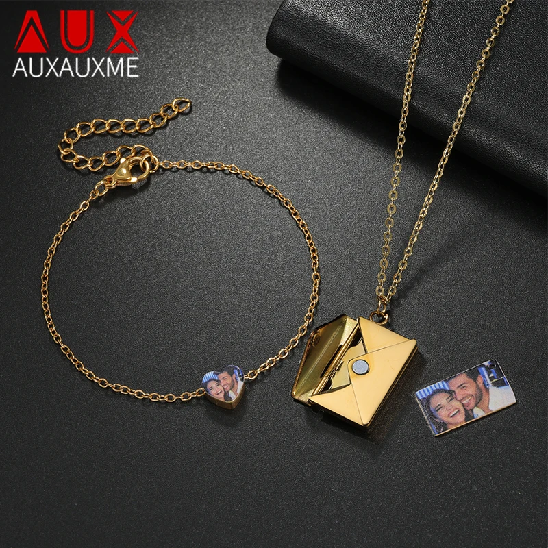 

Auxauxme Custom Photo Heart Bracelet Envelope Necklace Set for Women Stainelss Steel Engrave Color Picture Logo Pendant Jewelry