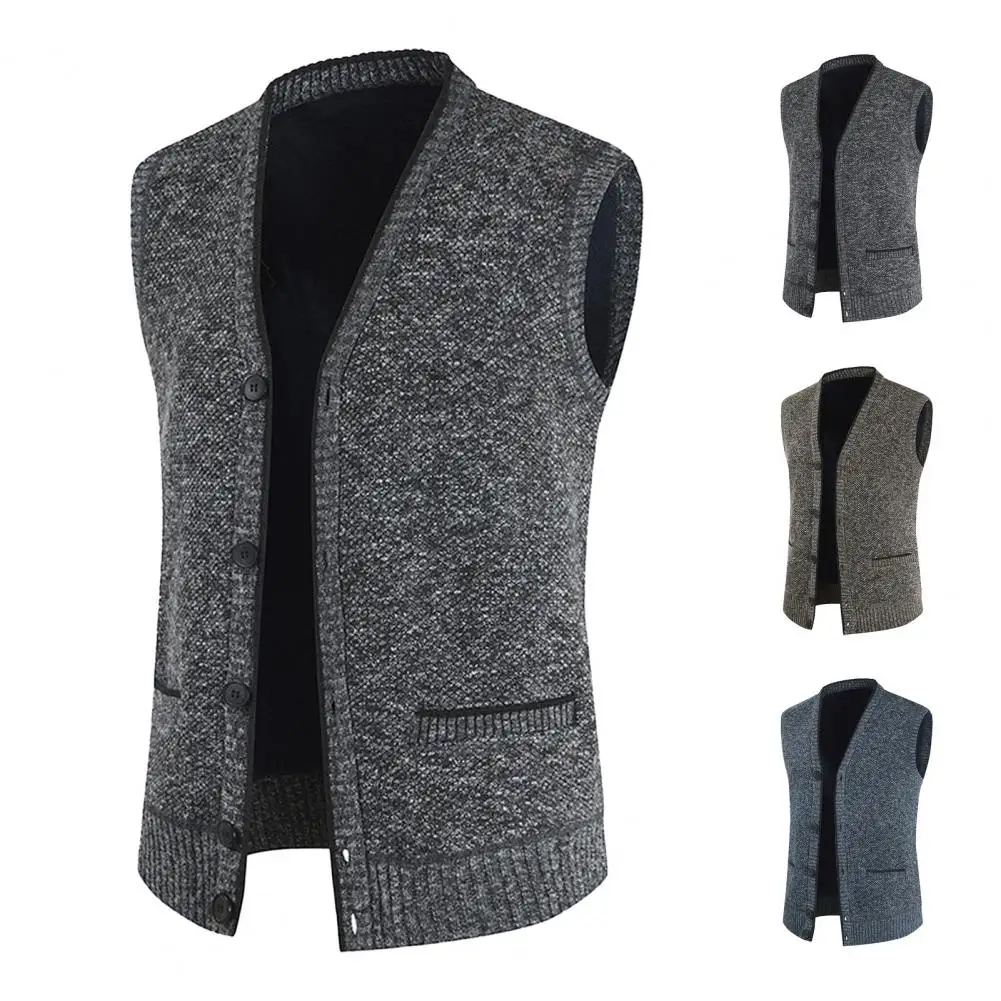 Men Vest Elegant Men's V Neck Sweater Vest with Pockets Knitted Top Coat for Winter Stylish Single-breasted Button Design V-neck