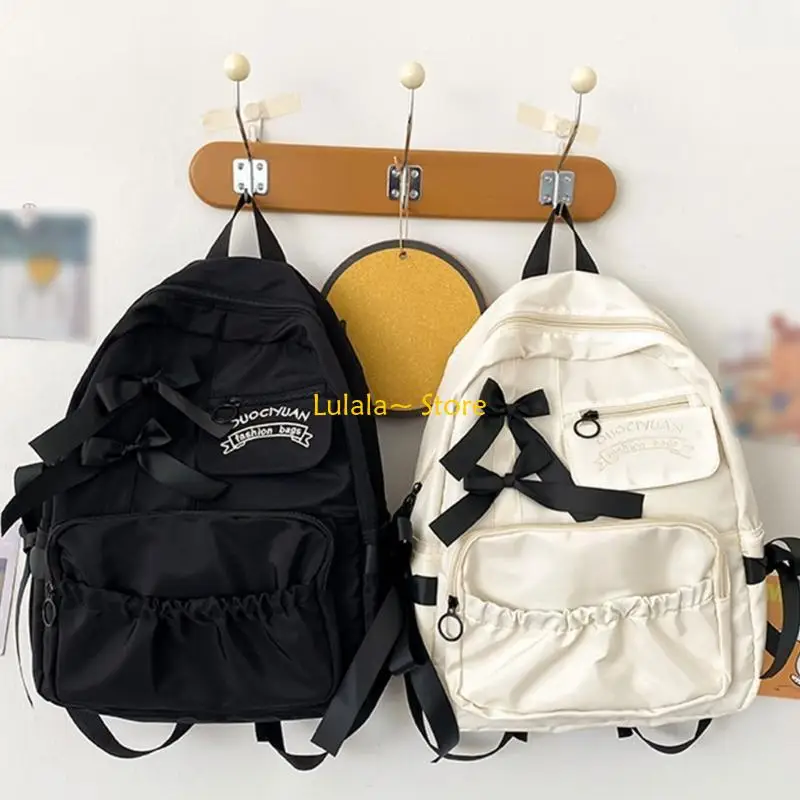 

Y4QA Preppy Nylon Backpack for Students Bows Design Sweet Girls Pleated School Bag