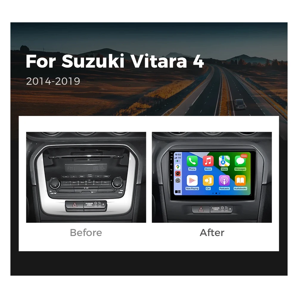 Android 14 Carplay Car Radio For Suzuki Vitara 2014 - 2019 Navigation GPS Multimedia Player stereo wifi+4G Auto DSP BT 360Camera