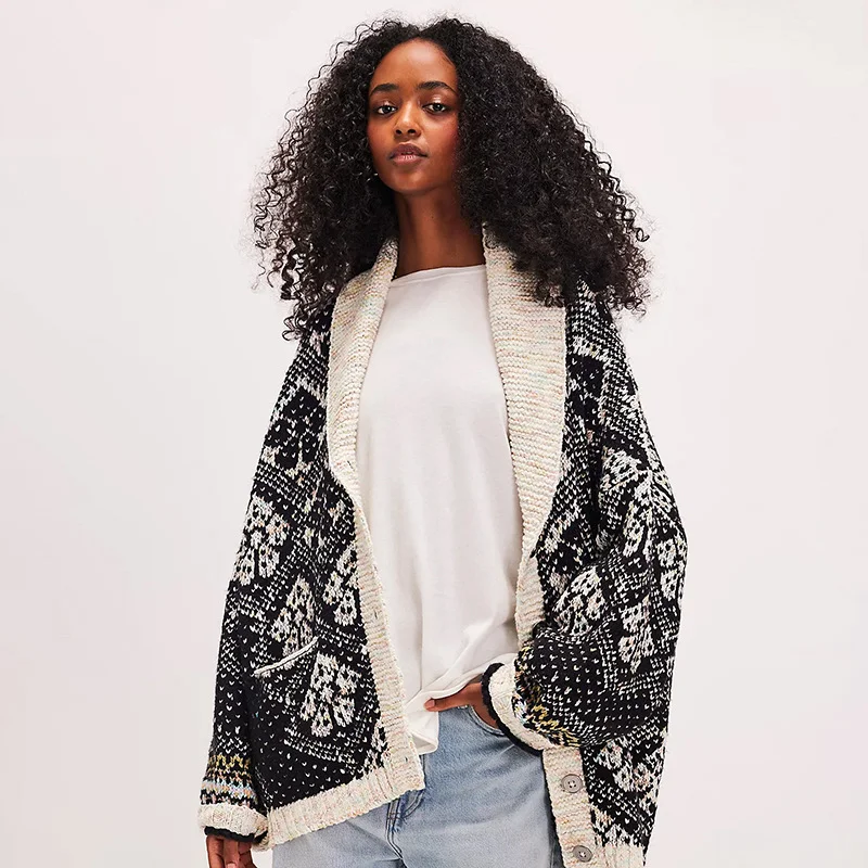 

2024 Winter Sweater Women's Casual Commuter Single Breasted V-Neck Long Sleeve Square Knitted Cardigan Top