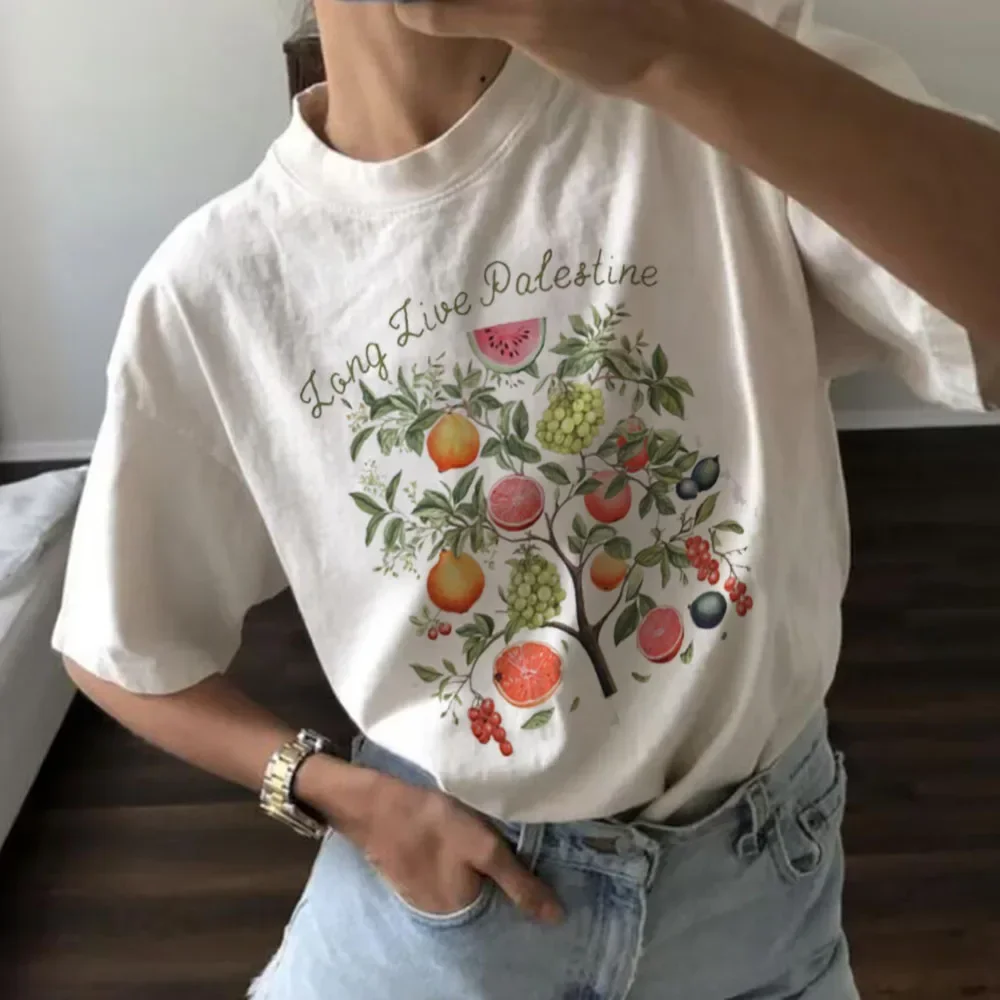 Kurzarm-T-Shirt mit Cartoon-Obstbaum-Aufdruck, 90er-Jahre, trendiges lässiges Top für Frauen, ästhetisches Vintage-T-Shirt, modische Damenbekleidung – Detail 1
