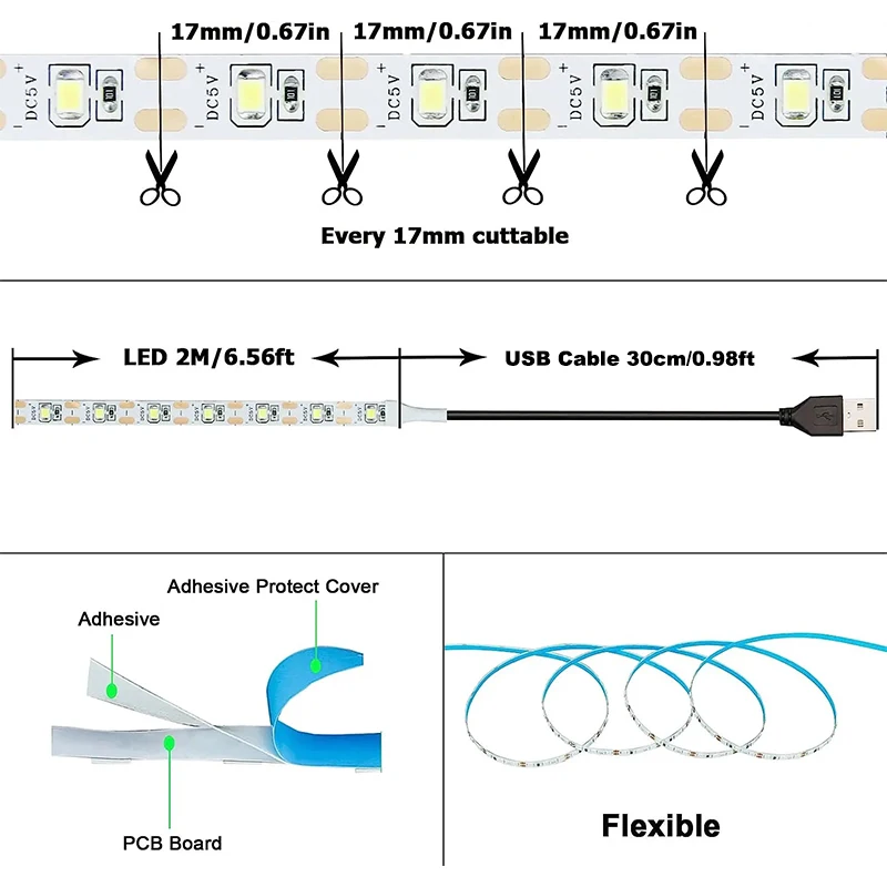 Bande lumineuse LED blanche chaude USB, rétroéclairage mural TV, bande lumineuse LED, décoration, contrôle intelligent, 5V