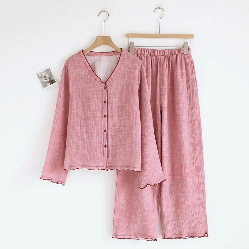 

Pink Color Cute and Sweet Autumn Long Sleeved Cotton Princess Style Home Clothes Loose Lace Design Pyjamas Women