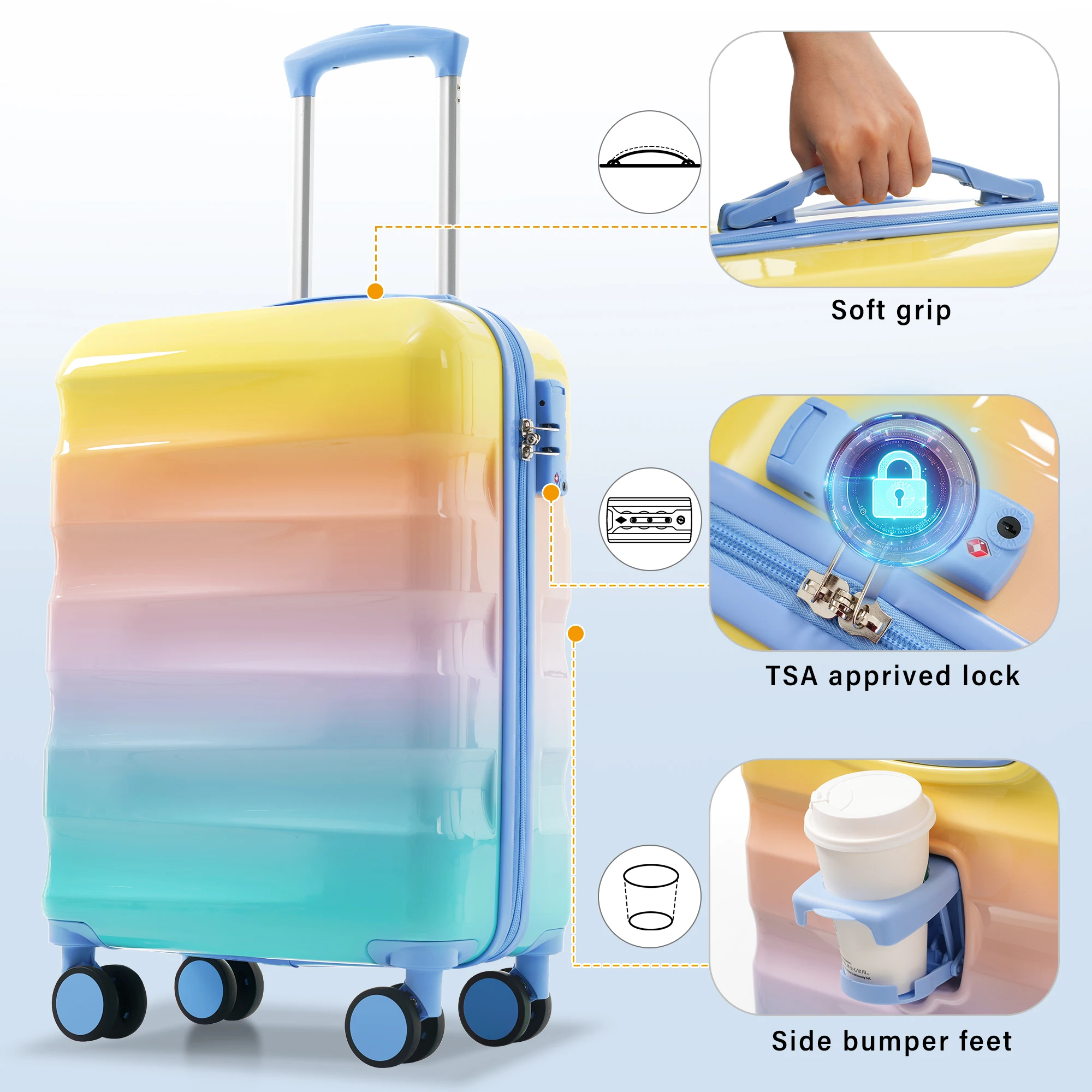 20" Carry-on Luggage with Cup Holder – Lightweight Glossy Hardshell Suitcases with Spinner Wheels, TSA Lock,2 Piece Set