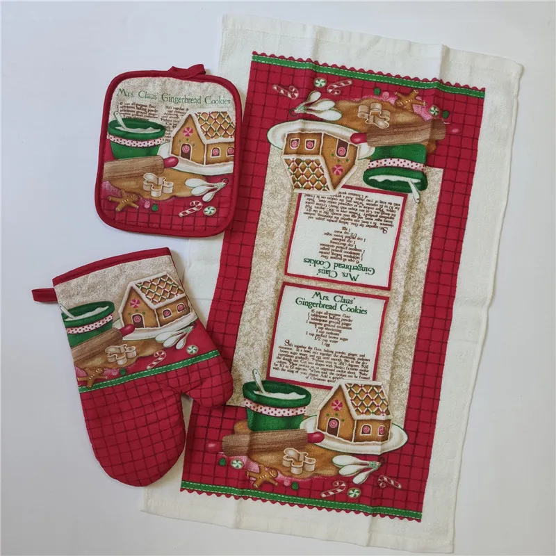 3-teiliges Set Baumwolle Vintage Weihnachtsserie Bedruckte Mikrowellenhandschuhe Küchen-Isolierunterlage Geschirrtuch Weihnachtsparty-Geschenk – Detail 7