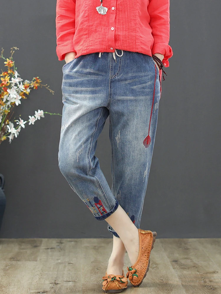 Max LuLu 2022 Thời Trang Mùa Hè Nữ Tách Rời Quần Jean Nữ Thêu Denim Quần Vintage Nữ Thun Hậu Cung Quần