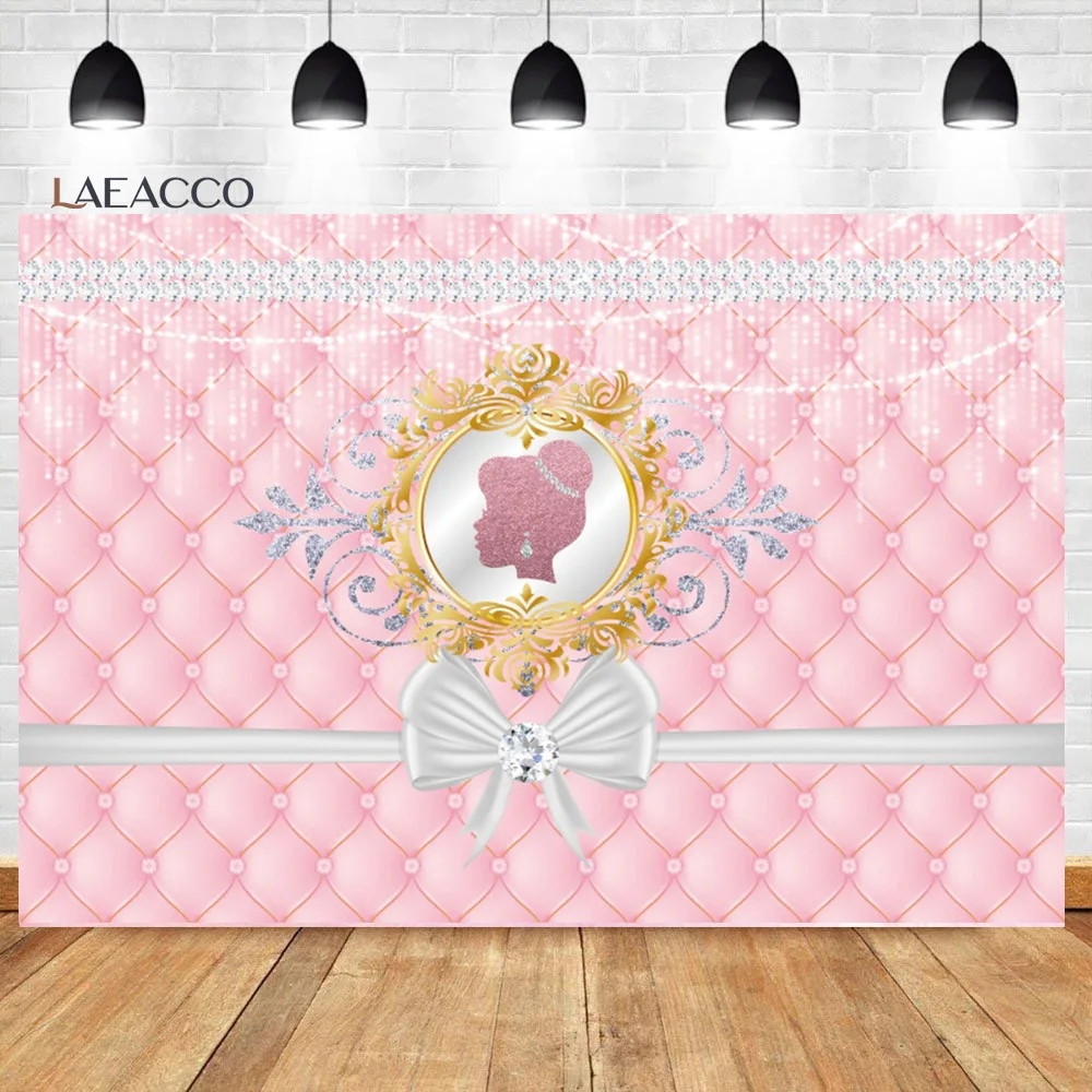 

Laeacco Women Birthday Photo Background Pink Headboard Pillars Diamonds Girls Princess Portrait Customized Photography Backdrop