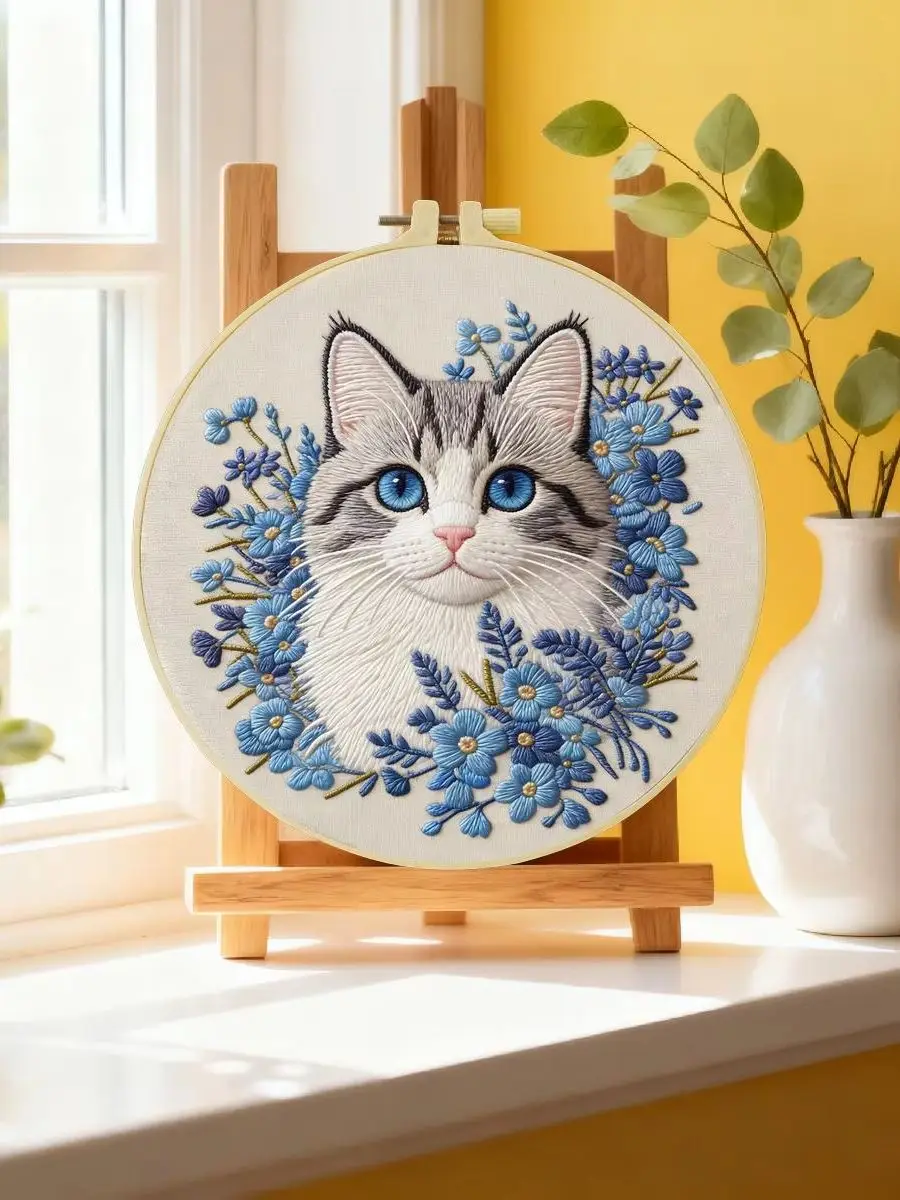 1 Stück 20X20CM/15X15CM 7,87/6,3 Zoll Die Katze im Blumenbeet Stickerei-Starter-Kit DIY-Kit DIY-Stickerei-Set Handarbeiten – Detail 6
