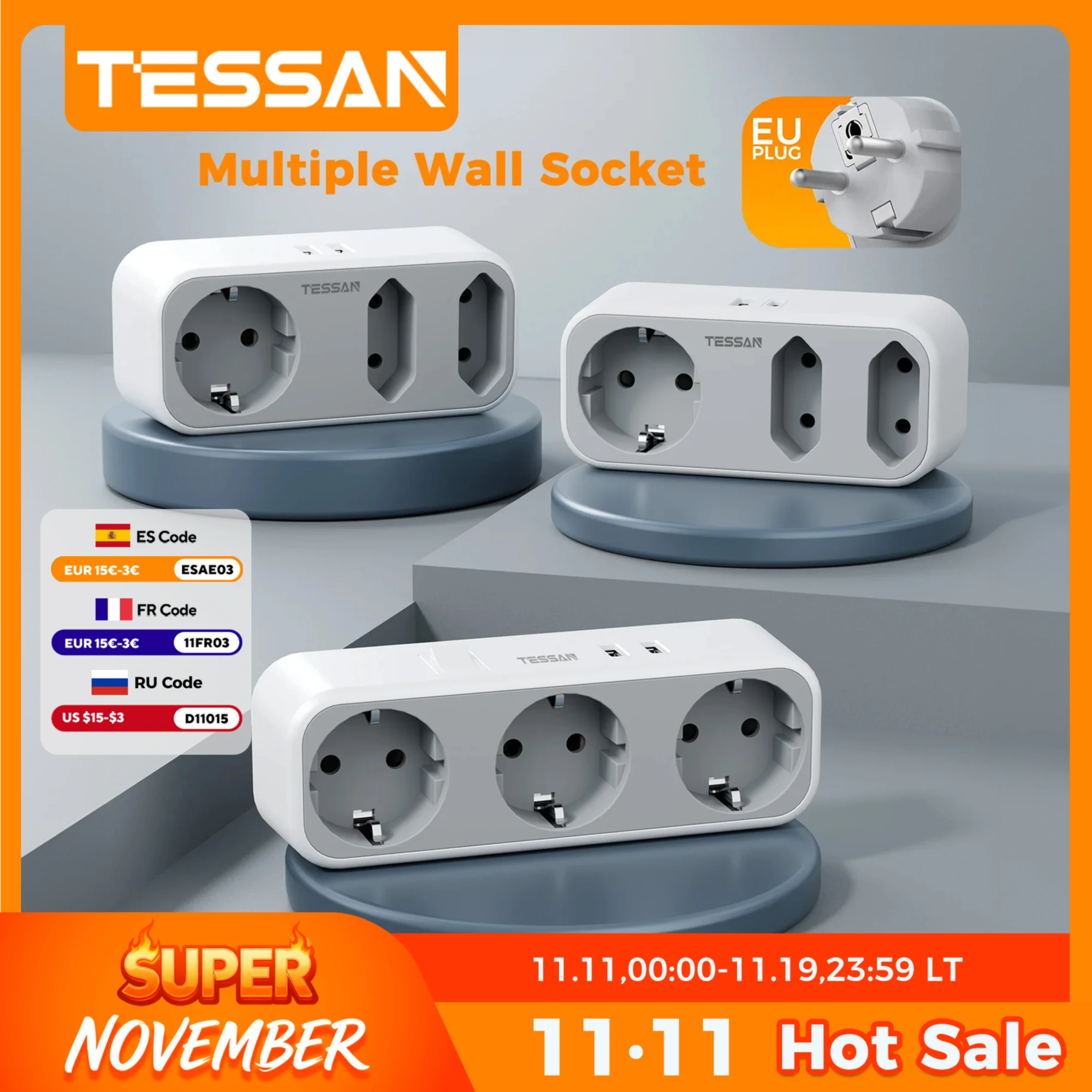 

Компактная настенная розетка TESSAN 3600 Вт с 1 розетками переменного тока Schuko 2 ЕС 2 USB-портами 5 в 1 Домашняя электрическая розетка-удлинитель Настенный адаптер