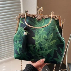 Vintage viola verde piccole borse da sera moda stile cinese foglie stampa borsa per le donne borsa a tracolla catena Crossbody Party