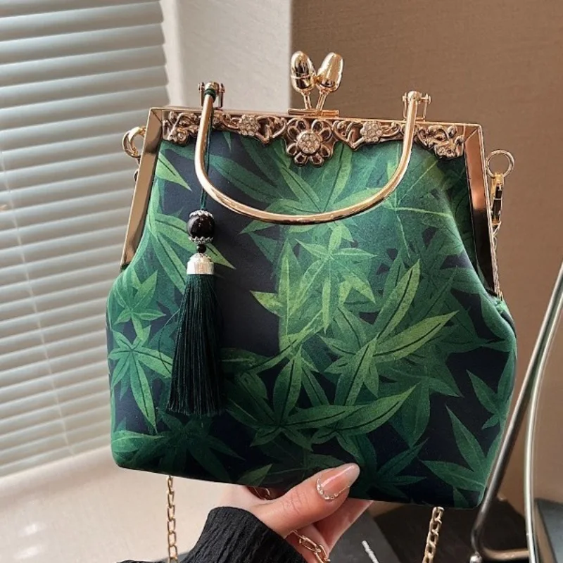 Vintage fioletowo-zielone małe torebki wieczorowe moda w stylu chińskim nadruk w liście torebka damska torba na ramię z łańcuszkiem Crossbody Party
