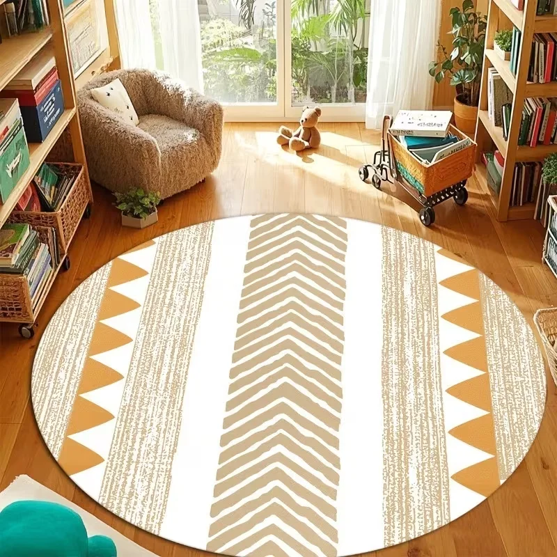 Round Boho Chevron Geometric Area Rug Neutral Beige Triangle Striped Pattern Decor Carpet For Bedroom Playroom Living Room