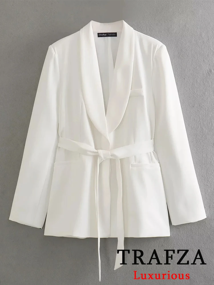 TRAFZA Office Lady Solid White Blazer Suits Women V Neck Sashes Oversized Blazer+High Waist Wide Leg Pants Fashion 2024 Sets