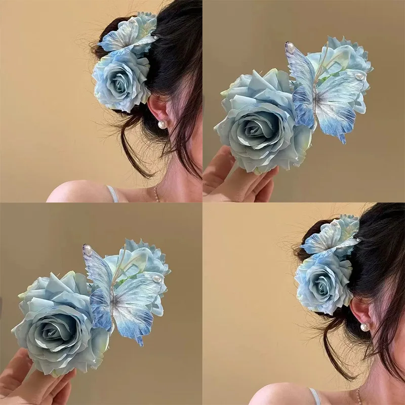 

Butterfly Love Flower Blue Simulation Flower Butterfly Hairpin Female Premium Back Head One-word Clip New Hair Disc Hairpin