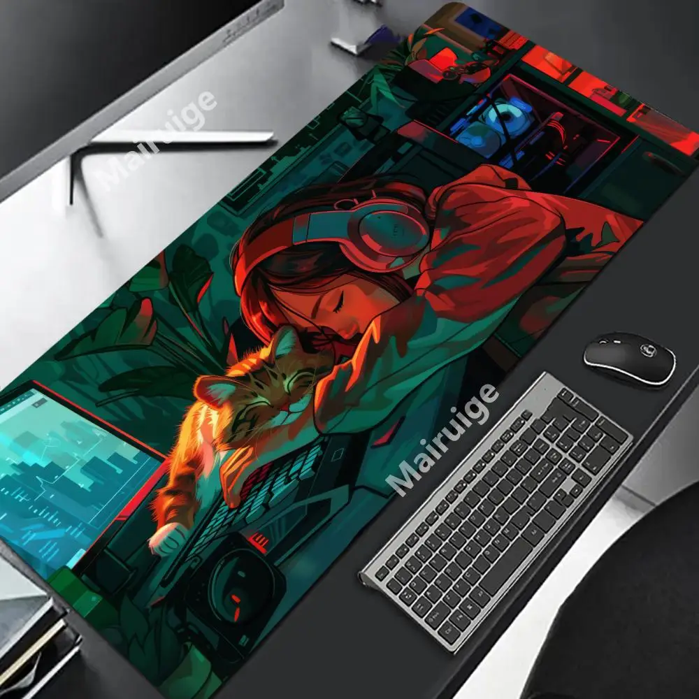 

Girl and Cat Mouse Pad XL Computer Accessories Office Game XXL Table Mats Rubber Anti-slip Gaming Keyboard Mousepads Desk Pads